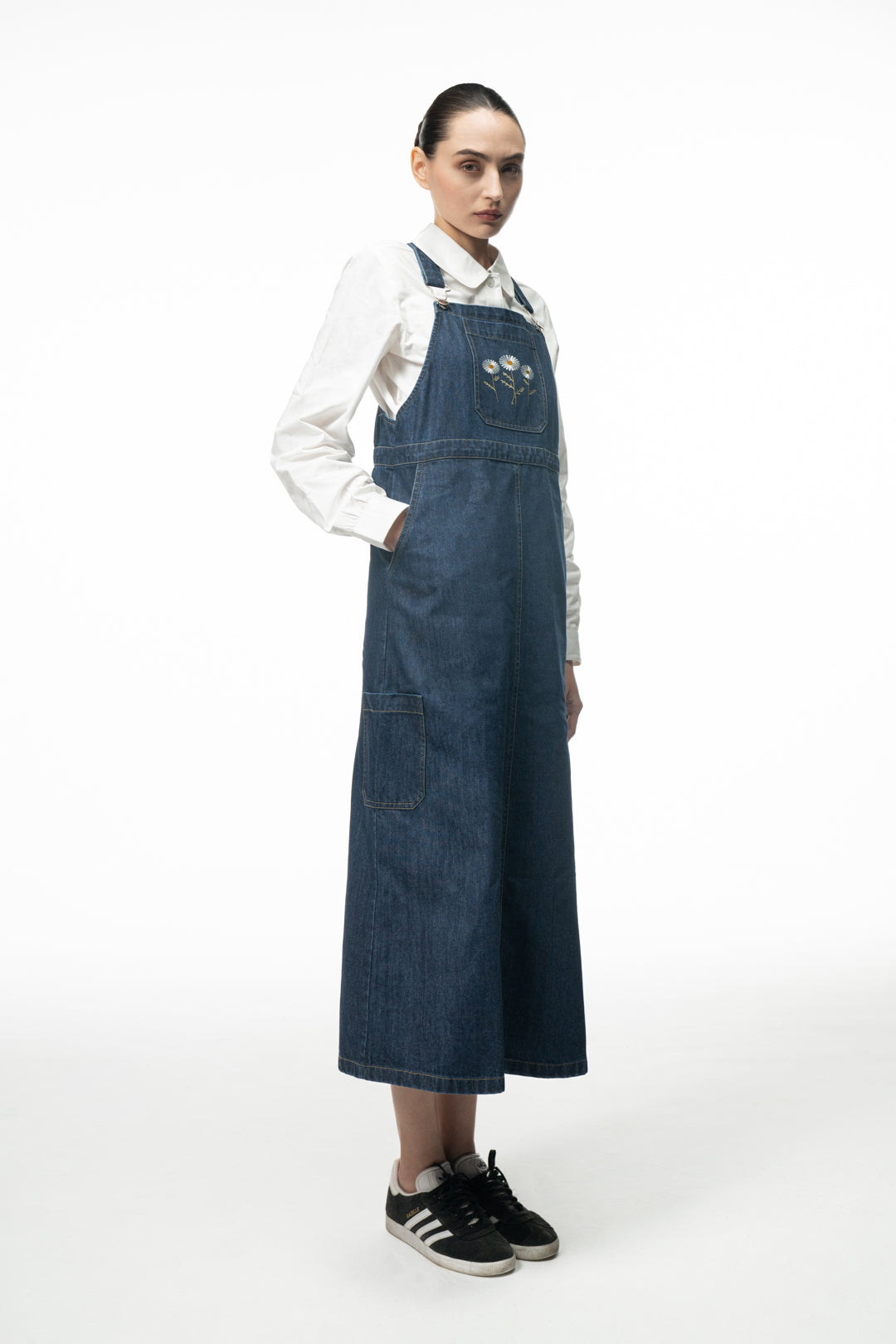 Floral Embroidered Denim Dungaree Dress with White Shirt for Women
