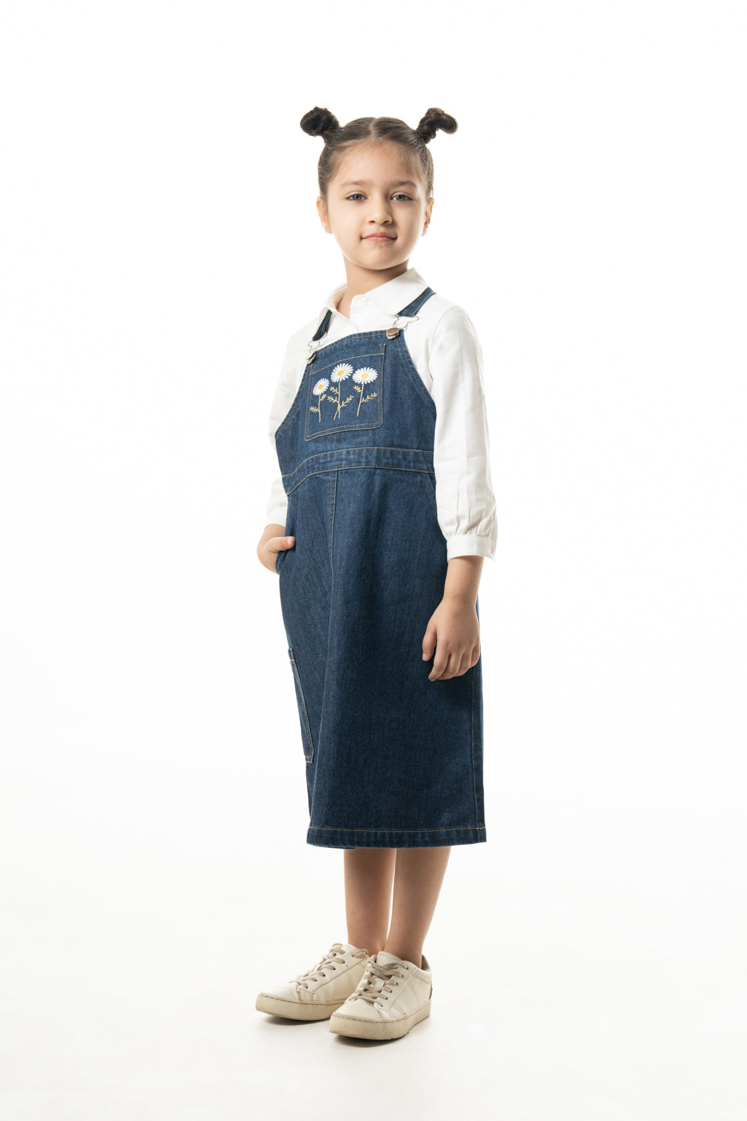 dungaree dress with shirt EFO - Long-Sleeve Plain Button-Up Shirt / Button-Up Midi Denim Dungaree  Dress / Faux Leather Belt / Set