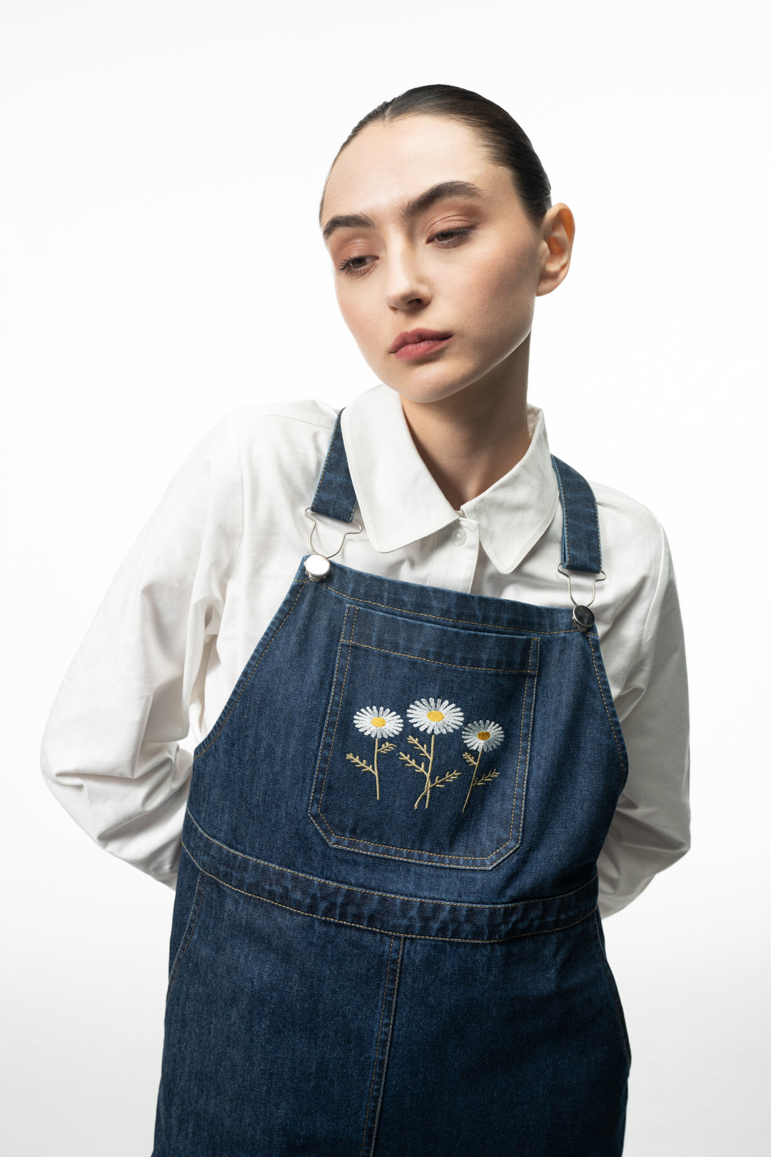 Floral Embroidered Denim Dungaree Dress with White Shirt for Women