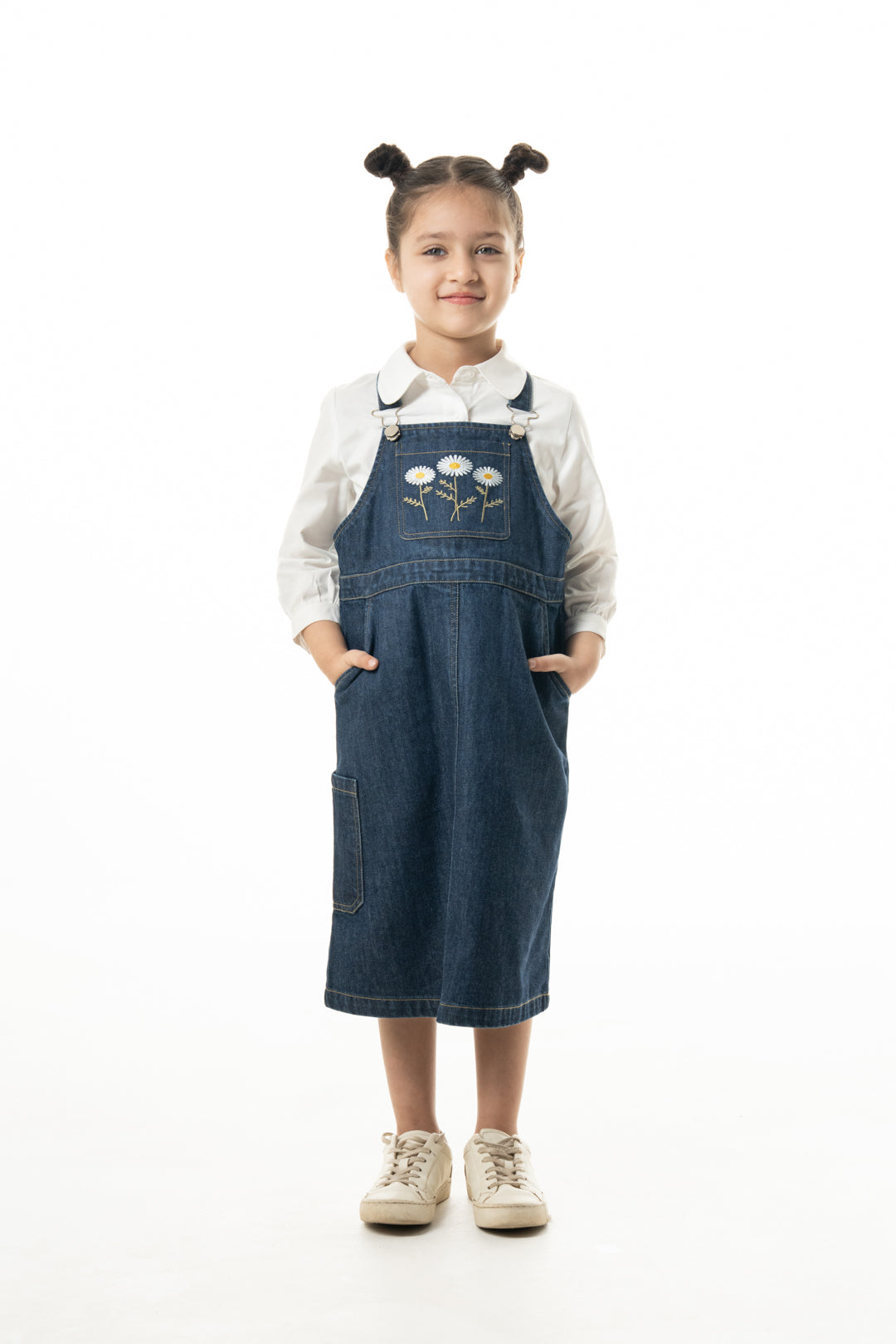 Floral Embroidered Denim Dungaree Dress with White Shirt for Girls TANZ Floral Embroidered Denim Dungaree Dress with White Shirt for Girls TANZ